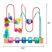 Wooden bead maze with numbered blocks and multicolor animal beads on wooden base
