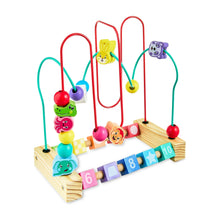 Wooden bead maze toy with curved wire tracks and colorful animal beads on base