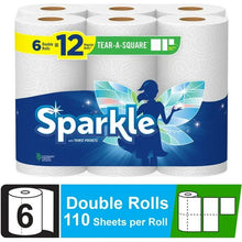 White paper towel roll pack with 6 double rolls, tear-a-square sheets.