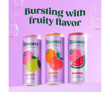 Bloom sparkling energy cans with fruity flavor, three aluminum cans and fruit graphics