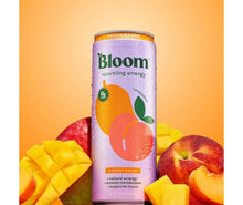 Bloom peach mango sparkling energy can with mango cubes and peach fruit