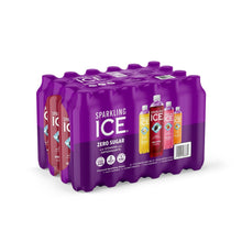 Sparkling Ice purple variety pack with multiple bottles in a row, zero sugar.