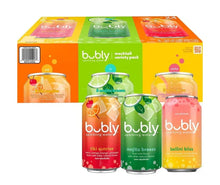 Sparkling water mocktail variety pack, three labeled cans: green, orange, pink