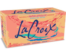 LaCroix sparkling water Pamplemousse 8-pack carton, pink-orange design