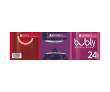Sparkling water variety pack, 24 cans, front panel with cherry, blackberry, and raspberry labels