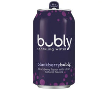 Sparkling water can, blackberry flavor, dark purple with Bubly logo