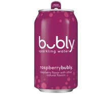 Sparkling water can, raspberry flavor, pink with Bubly logo