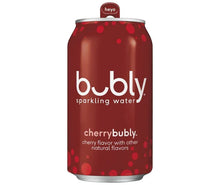 Sparkling water can, cherry flavor, red with Bubly logo