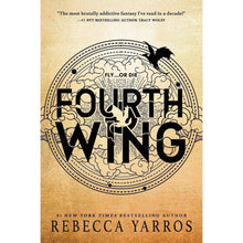 Tan hardcover book cover with illustrated 'Fourth Wing' title and cloud graphic