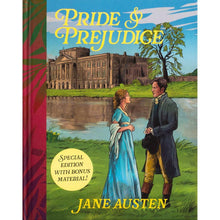 Hardcover book cover for Pride & Prejudice, featuring couple by a river