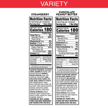 Protein bar nutrition facts panel for strawberry and chocolate peanut butter bars