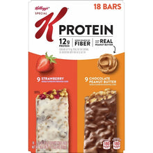 Protein box showing 18 protein bars: 9 strawberry and 9 chocolate peanut butter