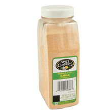 Granulated garlic seasoning container with Spice Classics label and beige granules
