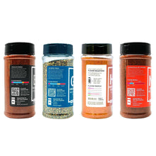 Four seasoning bottles with back labels and QR codes, showing multiple flavor profiles