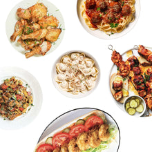 Seasoned plated chicken and pasta dishes with herb and spice topping