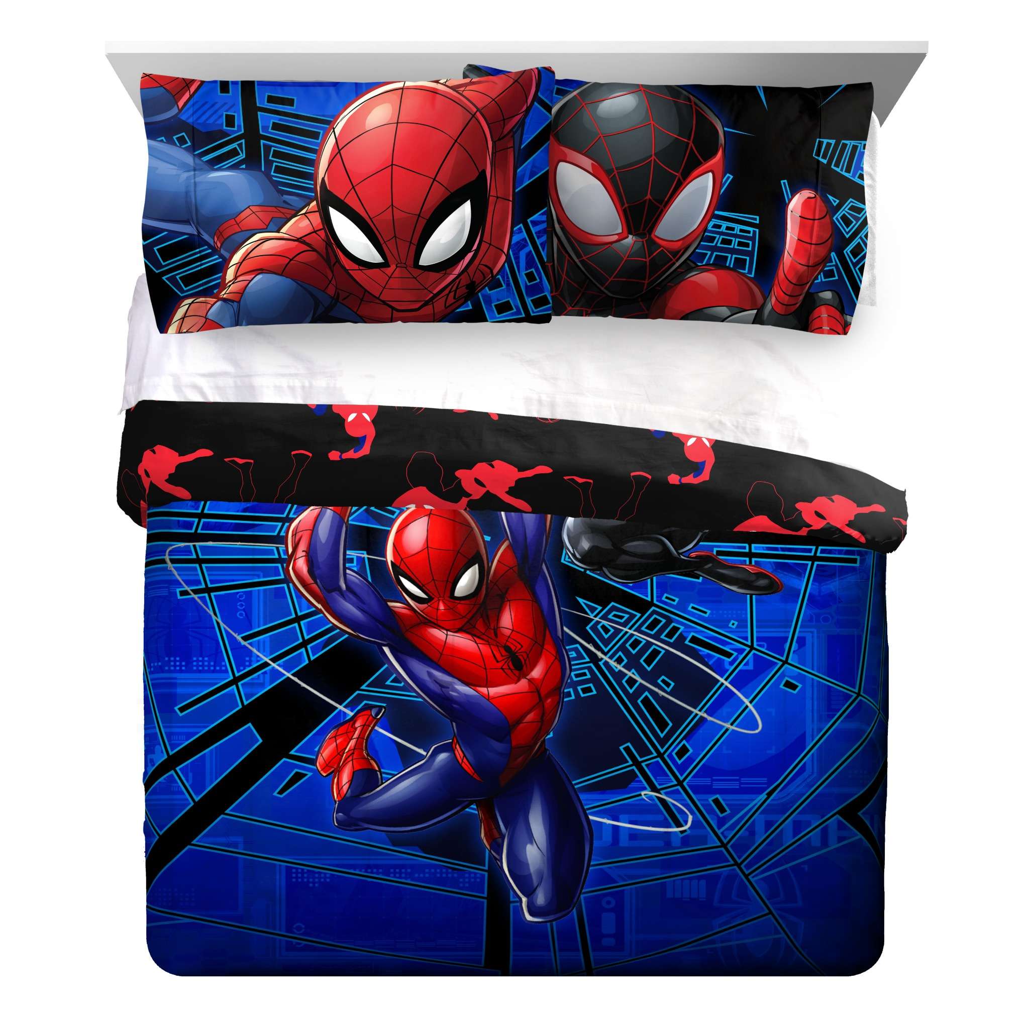 Spiderman Techno City Kids 2 Piece Blue Reversible Comforter and Pillowcase Set, Twin/Full