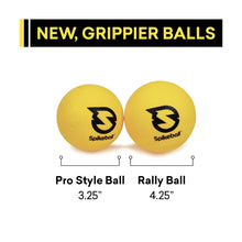 Two yellow Spikeball grip balls with logo