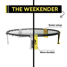 Spikeball net with yellow frame and hanging yellow support tabs