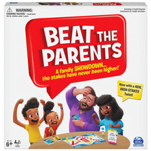 Family trivia board game box with red “Beat the Parents” speech bubble