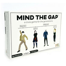 Trivia game box with four generation silhouettes and Mind the Gap title text