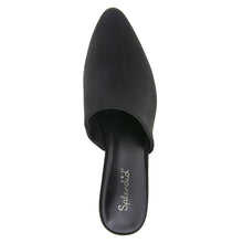 Black suede mule close-up with open toe and logo-lined footbed