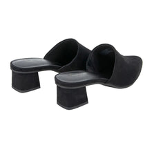 Pair of black suede mules with open back and thick block heels