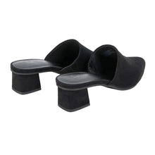 Pair of black suede mules with block heel and open-back slip-on