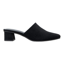 Black suede mule with mid-height block heel and curved topline