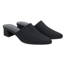 Black suede mule with open back and block heel, slip-on design