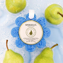 Blue flower-shaped bath sponge with hanging white loop