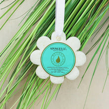 White flower-shaped bath sponge with hanging white loop