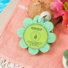 Green flower-shaped bath sponge with hanging white loop