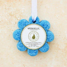 Blue flower-shaped bath sponge with hanging white loop