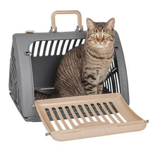 Gray foldable plastic cat carrier with ventilated sides, beige base tray, front door.