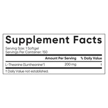 L-Theanine supplement facts panel: 1 softgel serving, 200 mg