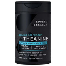L-Theanine supplement bottle with front label, double strength 200 mg, 150 softgels