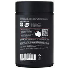 Back label on black Sports Research Omega-3 Krill Oil bottle with usage and QR details