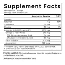 Supplement Facts label for omega-3 krill oil softgels: serving size 1 softgel