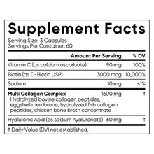 Supplement Facts label with vitamins, biotin, sodium, collagen complex, and hyaluronic acid