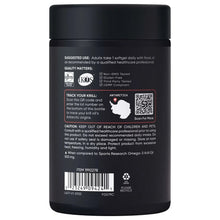 Omega-3 krill oil supplement bottle with back label and QR code