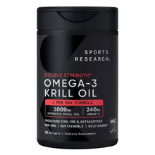 Omega-3 krill oil supplement bottle with front label and 90 softgels