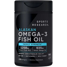 Sports Research Omega-3 fish oil supplement bottle, Alaskan Omega-3 label, 120 softgels