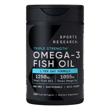 Omega-3 fish oil supplement bottle with black label and cap, 150 fish softgels