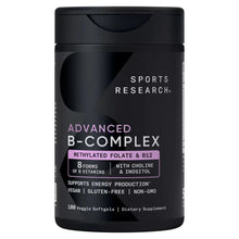 Vitamin B complex supplement bottle, black with Sports Research logo and purple label