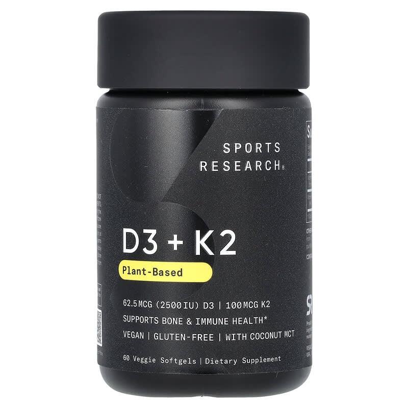 Sports Research, D3 + K2, Plant-Based, 62.5 mcg/100 mcg, Veggie Softgels