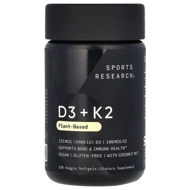 Sports Research, D3 + K2, Plant-Based, 62.5 mcg/100 mcg, Veggie Softgels