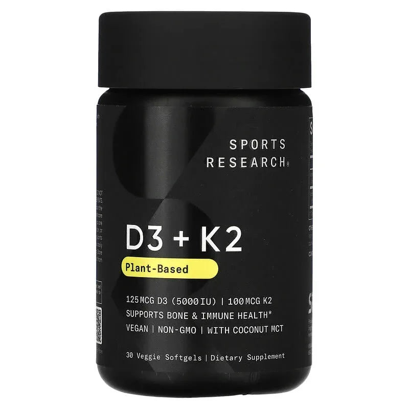 Sports Research, D3 + K2, Plant-Based, 62.5 mcg/100 mcg, Veggie Softgels