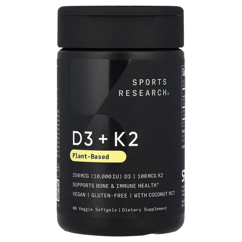 Sports Research, D3 + K2, Plant-Based, 62.5 mcg/100 mcg, Veggie Softgels