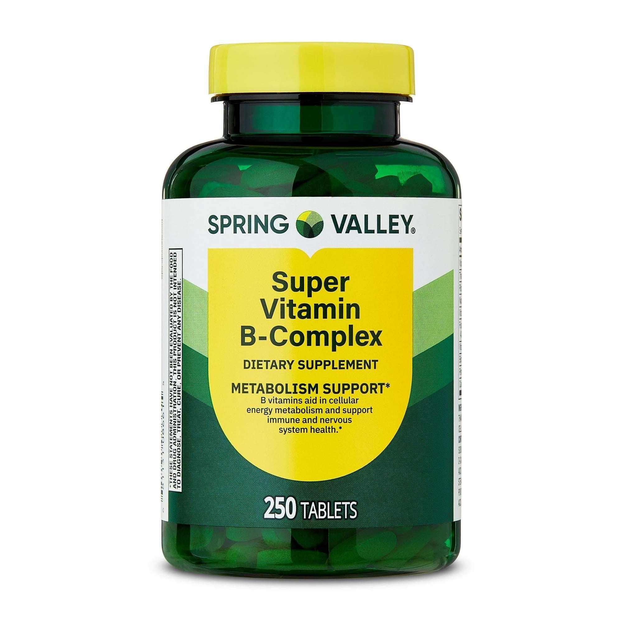 Spring Valley Super Vitamin B-Complex Dietary Supplement Tablets for Metabolism Support, 100 Count