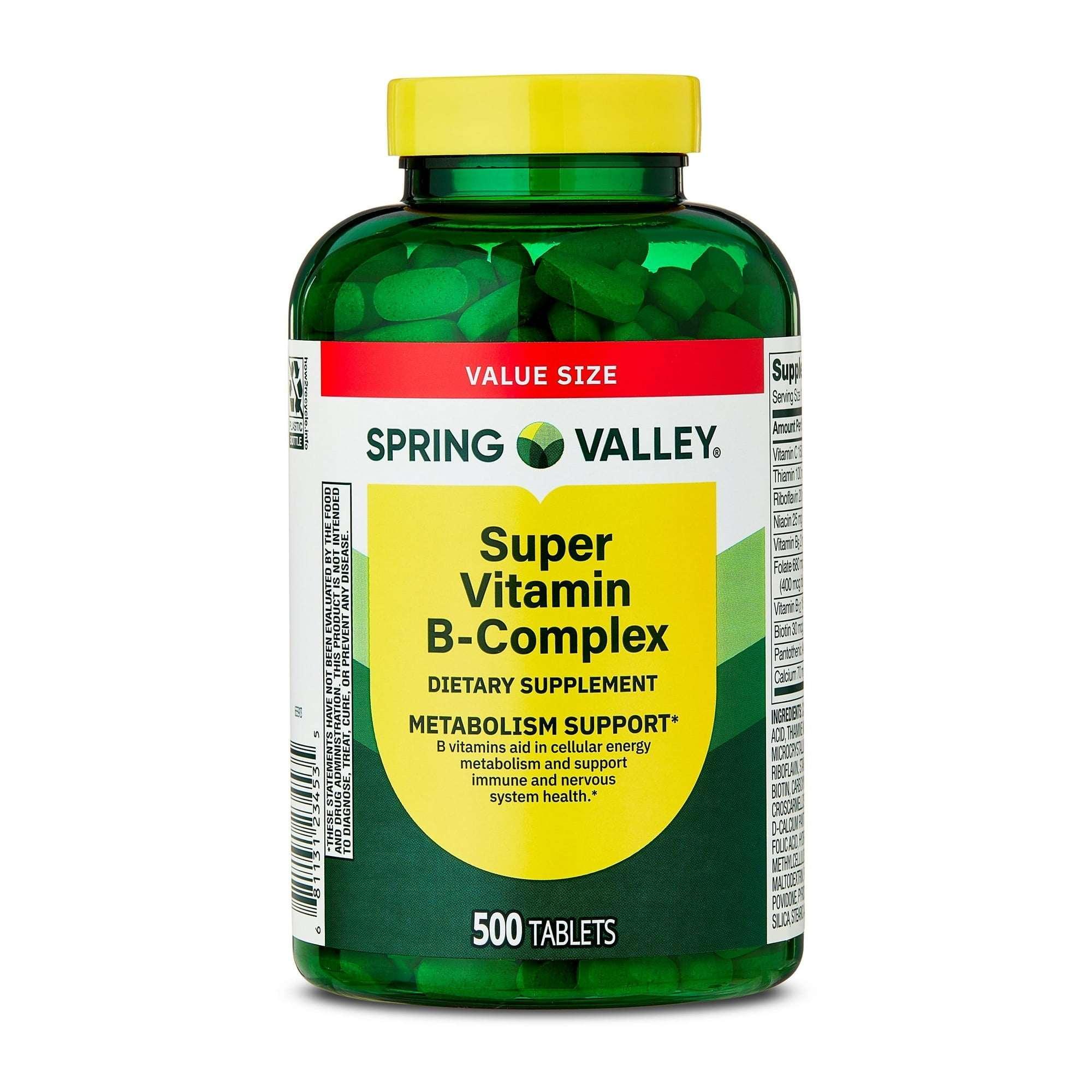 Spring Valley Super Vitamin B-Complex Dietary Supplement Tablets for Metabolism Support, 100 Count